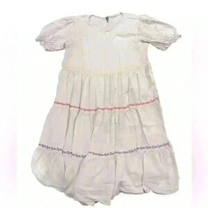 Tea and Rose Puffed Short Sleeve Babydoll Embroidered Cream MIDI Dress Size S